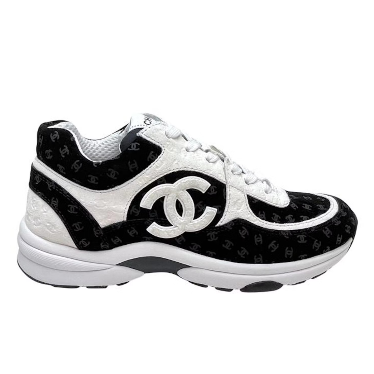 Chanel CC Embossed Logo Black White Suede