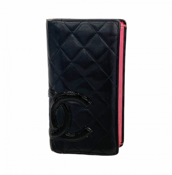 Portefeuille long Chanel Cambon agneau cuir verni noir